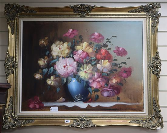 Korondai?, oil on canvas, Still life of flowers in a vase, indistinctly vase, 60 x 80cm